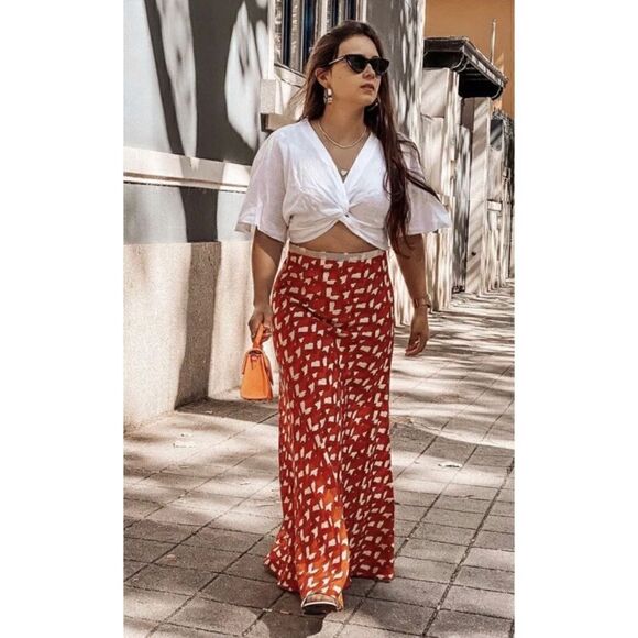 NWT Zara Printed Linen Blend Beaded Waistband High Waisted Maxi Skirt, Size XS - Picture 10 of 15